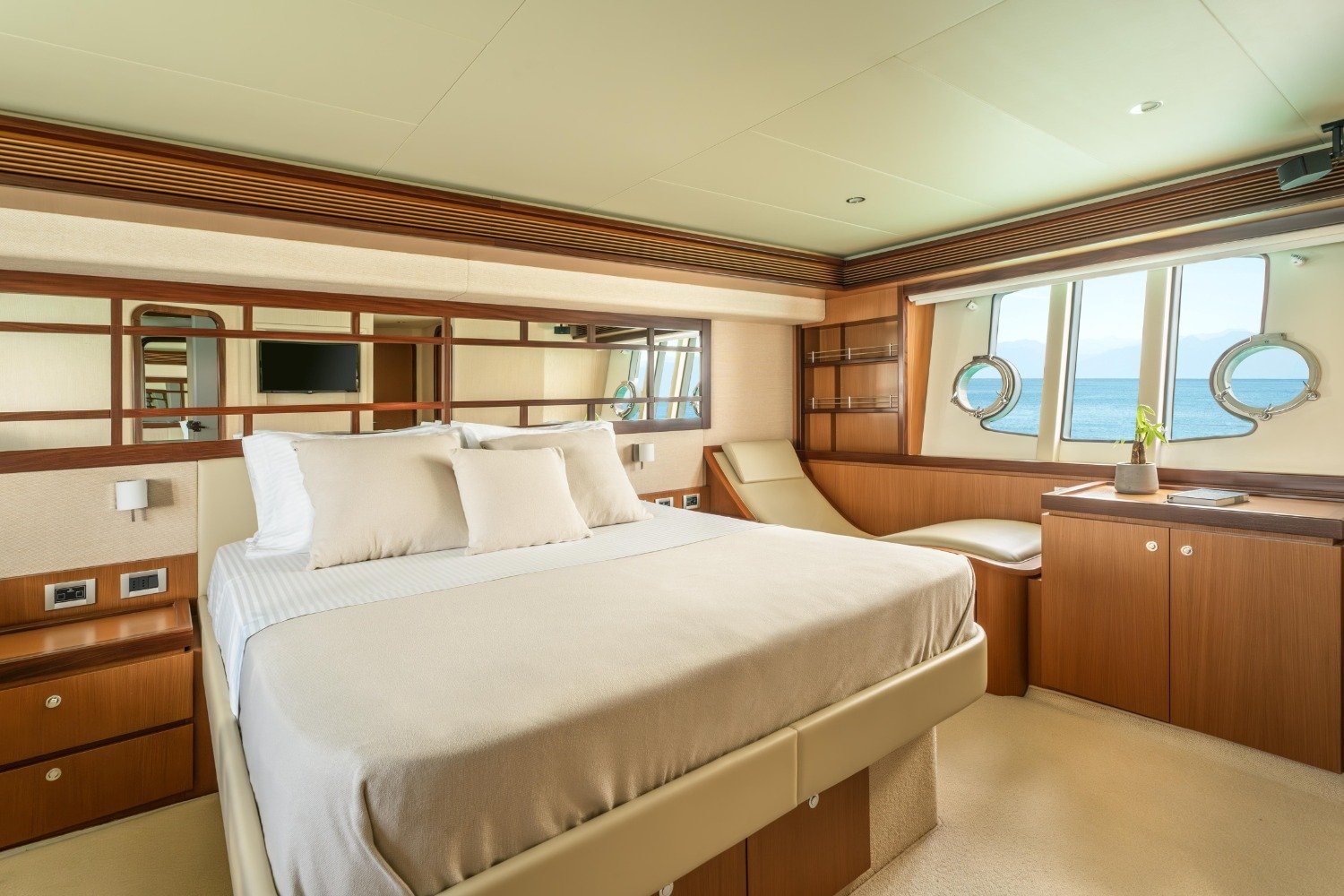 Full beam master cabin on a Ferretti 630 motor yacht charter Mykonos