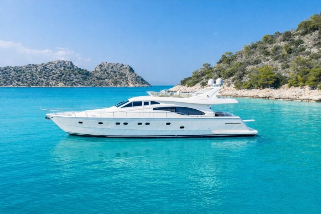 Ferretti 68 motor yacht charter Mykonos at anchor in a Cycladic bay