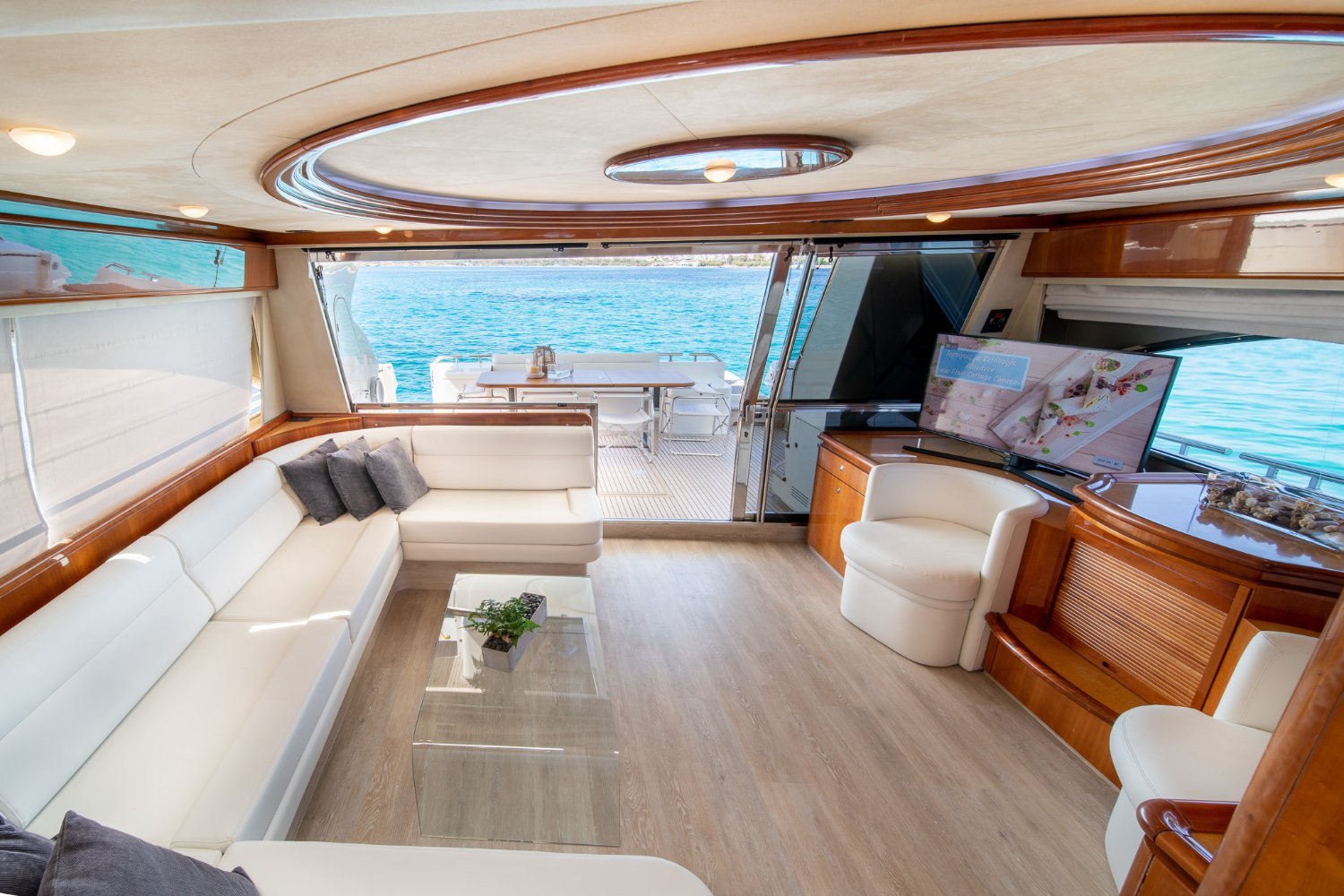 Ferretti 68 motor yacht charter Mykonos main saloon