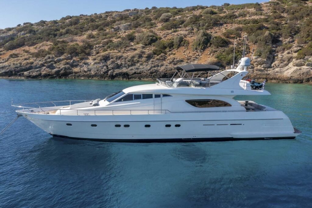 Ferretti 72 motor yacht charter Athens at anchor in a Greek bay