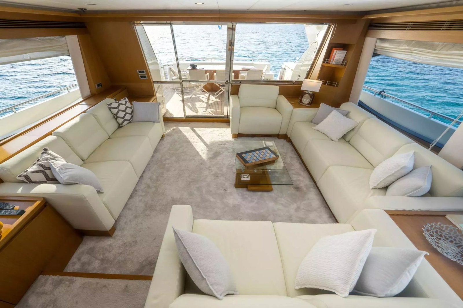 Ferretti 780 motor yacht charter Athens main saloon