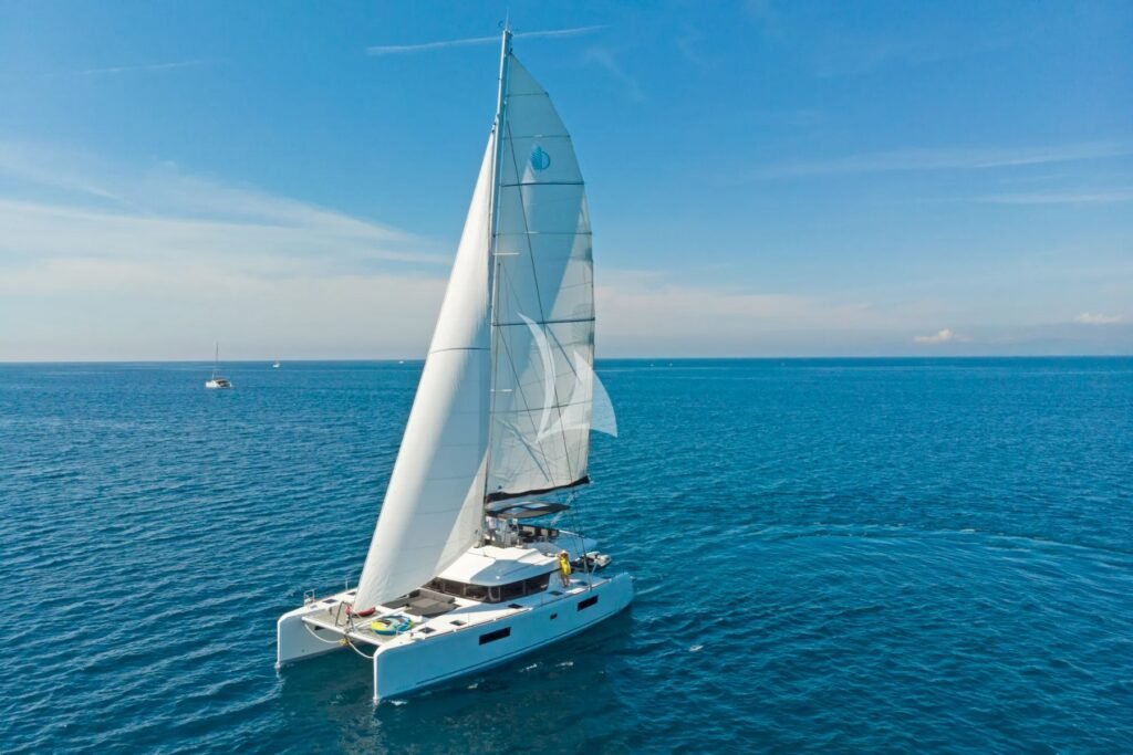 Lagoon 52 catamaran charter Athens under sail in the Saronic Gulf