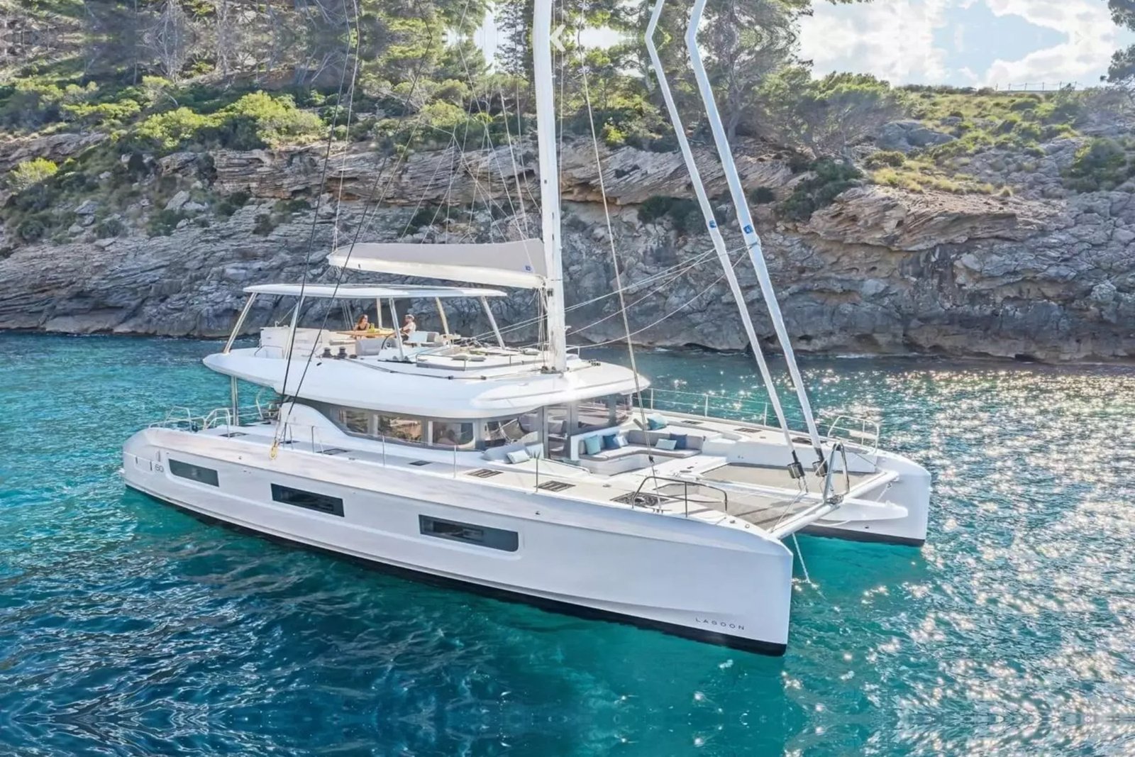 Lagoon 60 catamaran charter Athens profile view at anchor