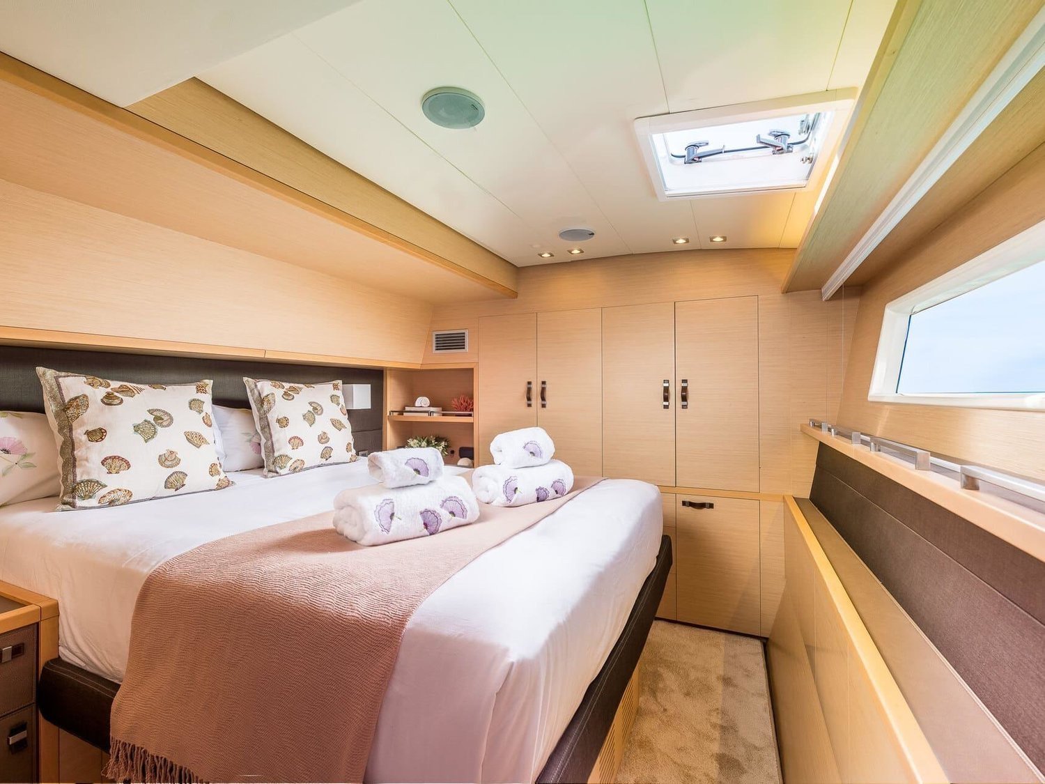 Master cabin aboard the Lagoon 630 charter Ibiza power catamaran