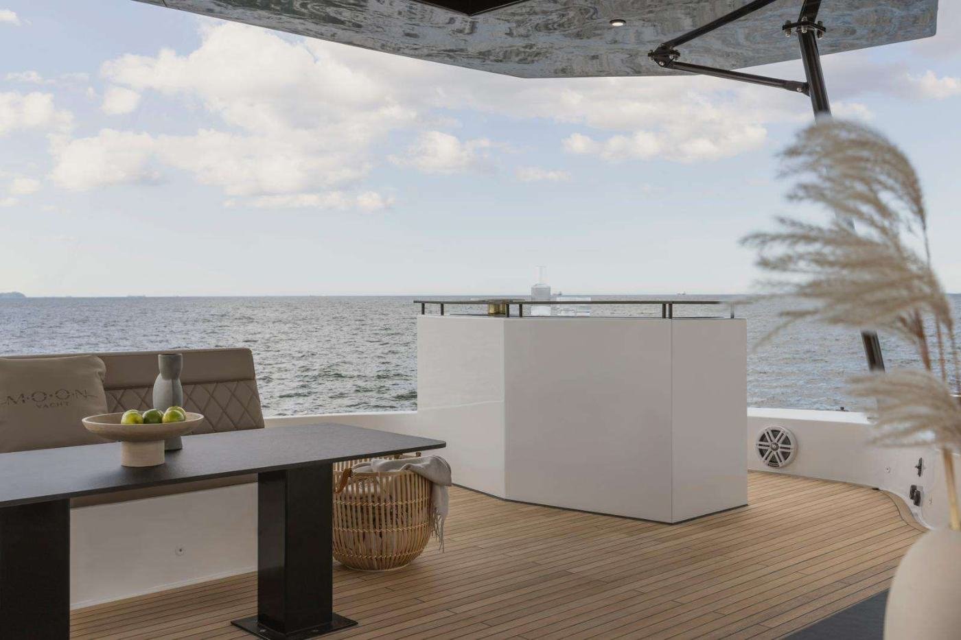 Shaded aft deck dining area on the Moon Yacht 60 charter Athens catamaran