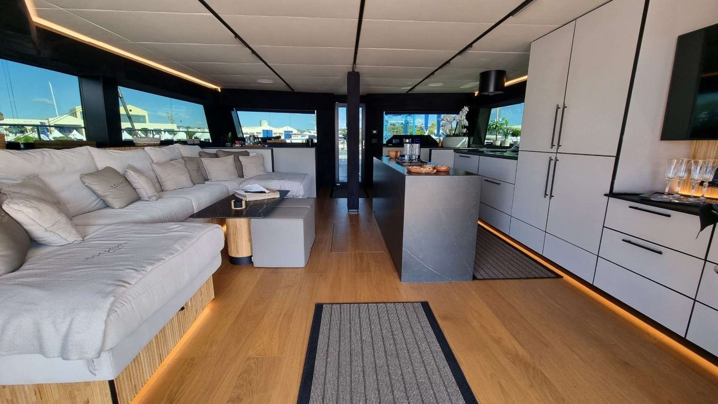 Open-plan saloon lounge aboard the Moon Yacht 60 charter Athens sailing catamaran