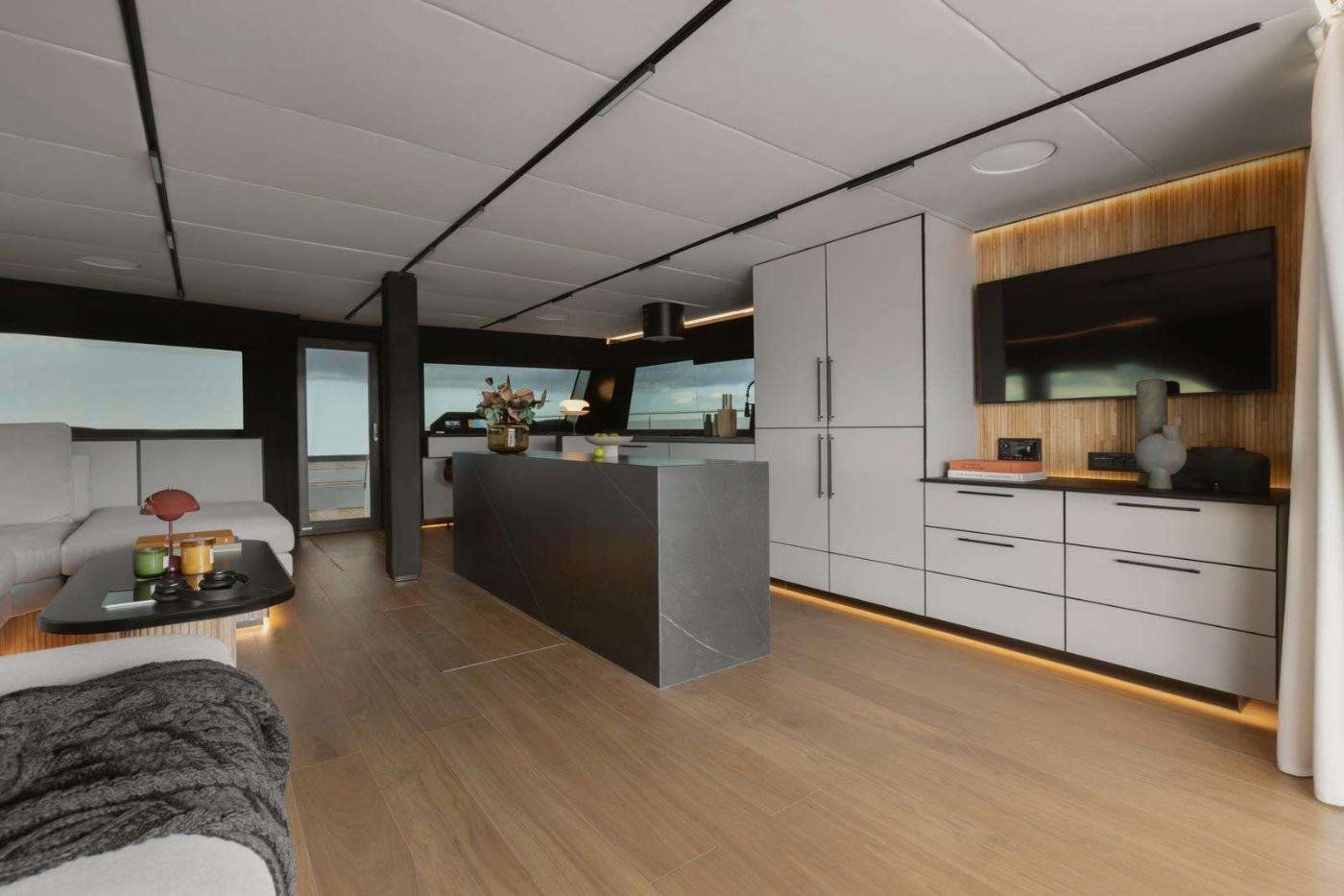 Galley and saloon interior of the Moon Yacht 60 charter Athens catamaran