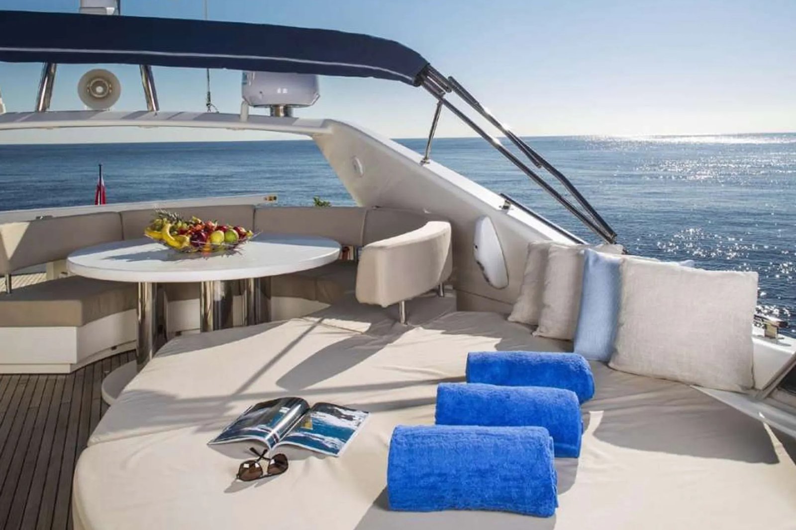 Flybridge bar and sun pads on a Posillipo Technema 85 motor yacht charter Athens