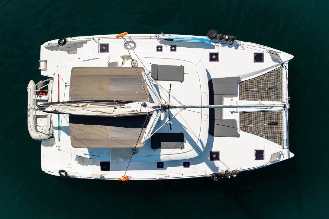 Aerial view of a 15m Fountaine Pajot Saba 50 charter catamaran in Fethiye