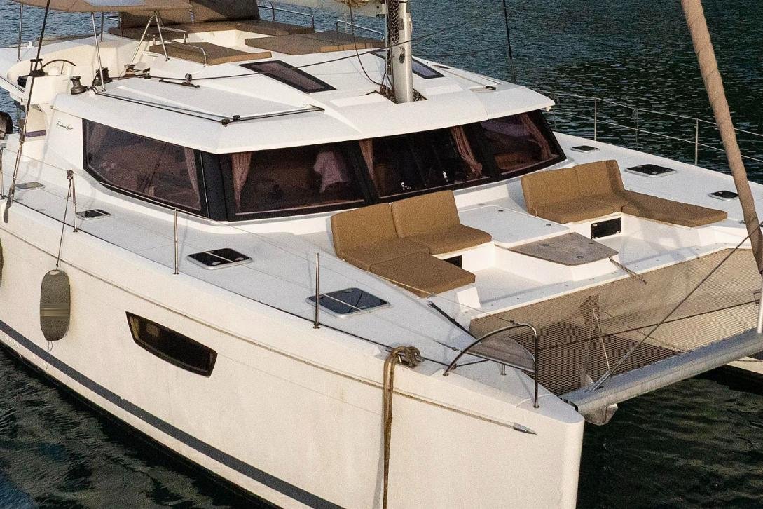 Coachroof and foredeck of a Fountaine Pajot Saba 50 charter catamaran