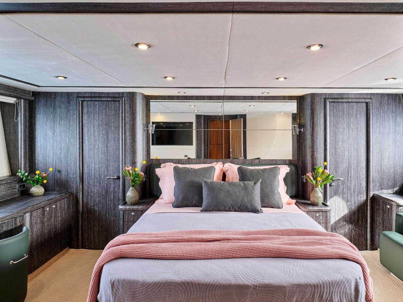 Full-beam master cabin aboard the Sunseeker 75 charter Athens crewed motor yacht
