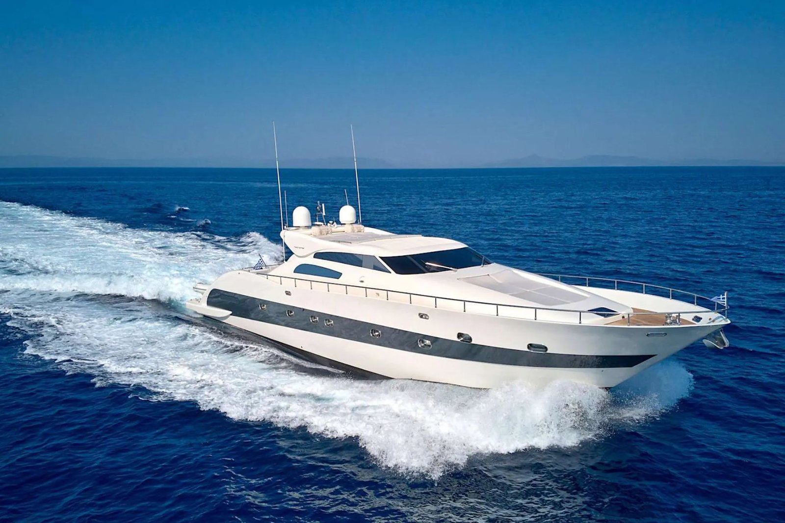 Tecnomar Velvet 83 motor yacht charter Athens running at speed off Attica