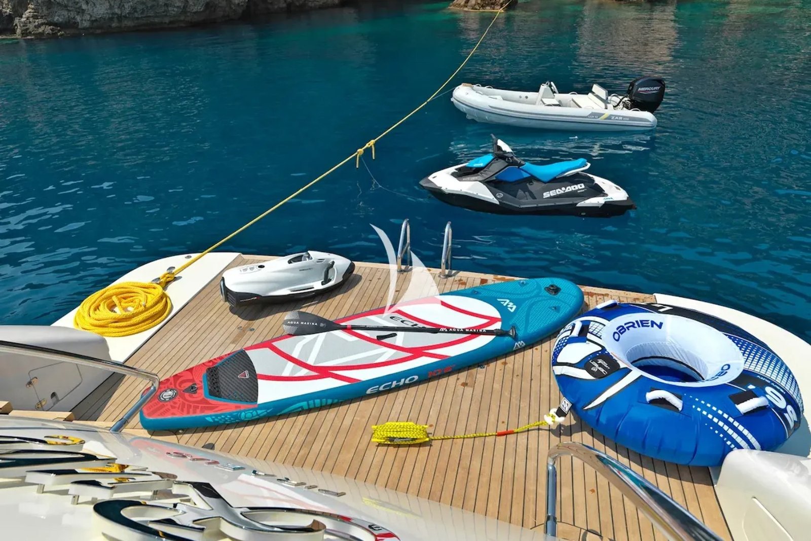 Tecnomar Velvet 83 motor yacht charter Athens water toys on the bathing platform
